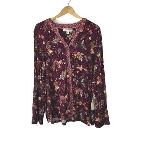Farmers Market Women's Button Up Top 3X Boho Flowy Gypsy Festival Dark Floral